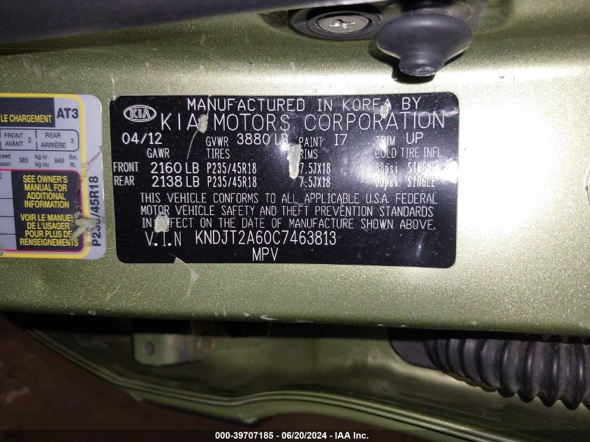 2012 Kia Soul ! VIN: KNDJT2A60C7463813 Lot: 39707185