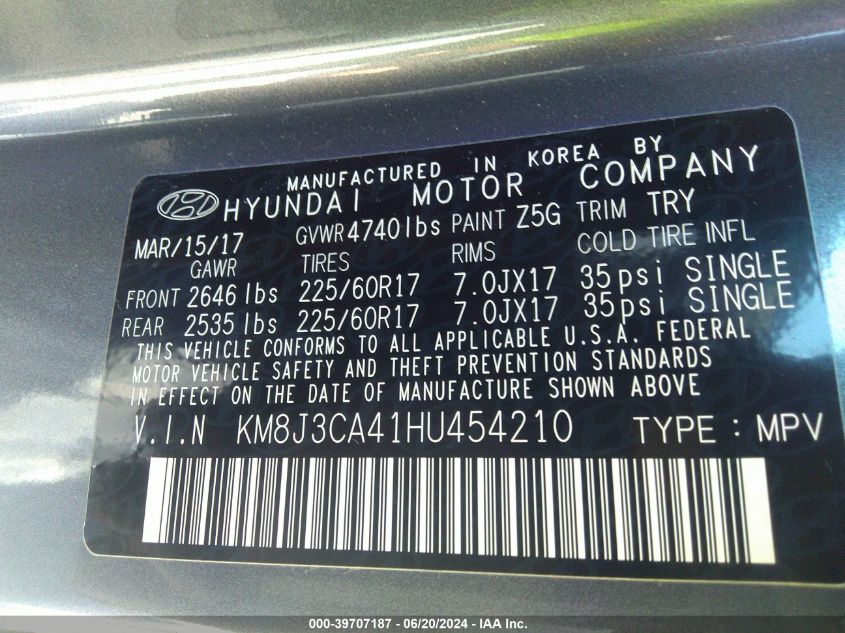 2017 Hyundai Tucson Se VIN: KM8J3CA41HU454210 Lot: 39707187