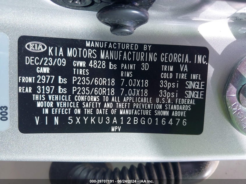 2011 Kia Sorento Ex VIN: 5XYKU3A12BG016476 Lot: 39707191