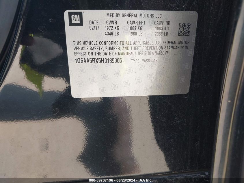 2017 Cadillac Ats VIN: 1G6AA5RX5H0189905 Lot: 39707196