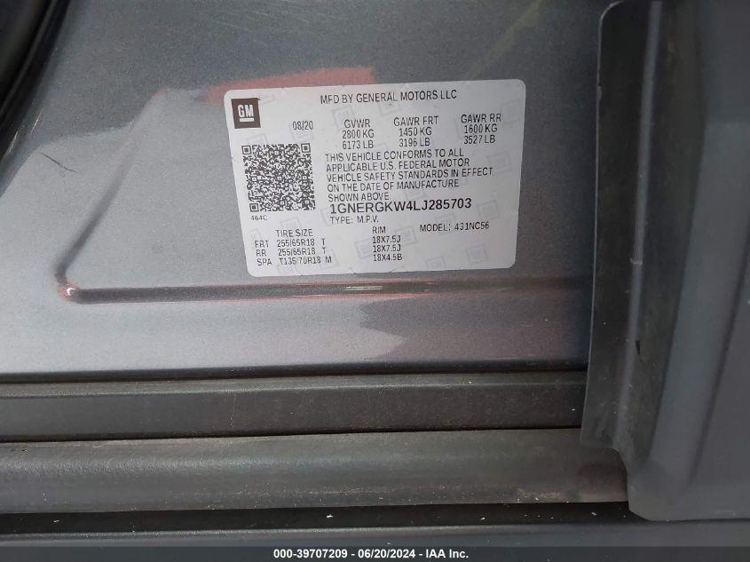 2020 Chevrolet Traverse Lt VIN: 1GNERGKW4LJ285703 Lot: 39707209