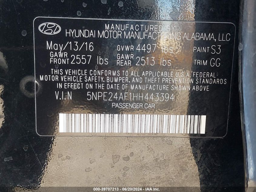2017 Hyundai Sonata VIN: 5NPE24AF1HH443394 Lot: 39707213