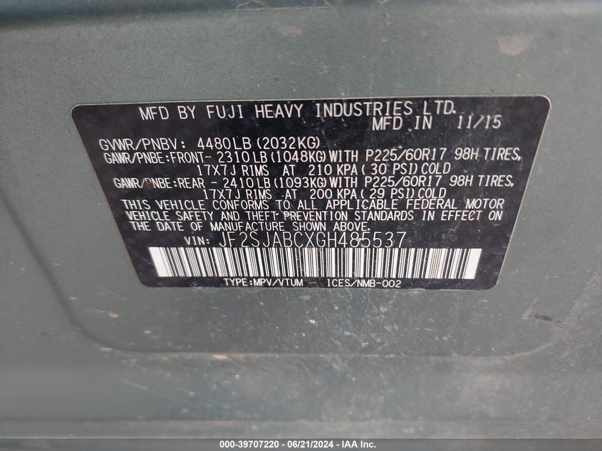 2016 Subaru Forester 2.5I VIN: JF2SJABCXGH485537 Lot: 39707220