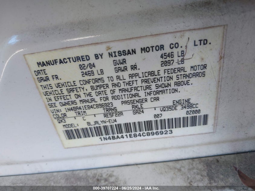 2004 Nissan Maxima 3.5 Sl VIN: 1N4BA41E84C896923 Lot: 39707224