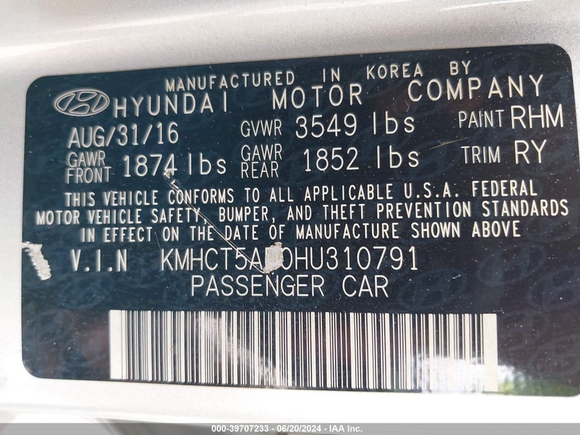 2017 Hyundai Accent Se VIN: KMHCT5AE0HU310791 Lot: 39707233