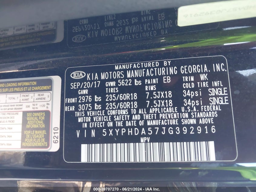 2018 Kia Sorento 3.3L Ex VIN: 5XYPHDA57JG392916 Lot: 39707270