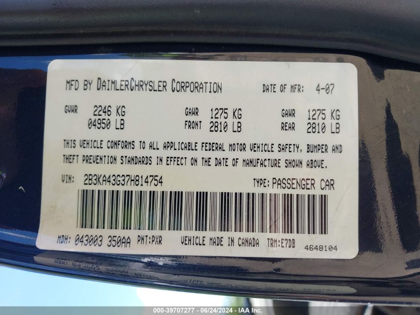 2007 Dodge Charger VIN: 2B3KA43G37H814754 Lot: 39707277