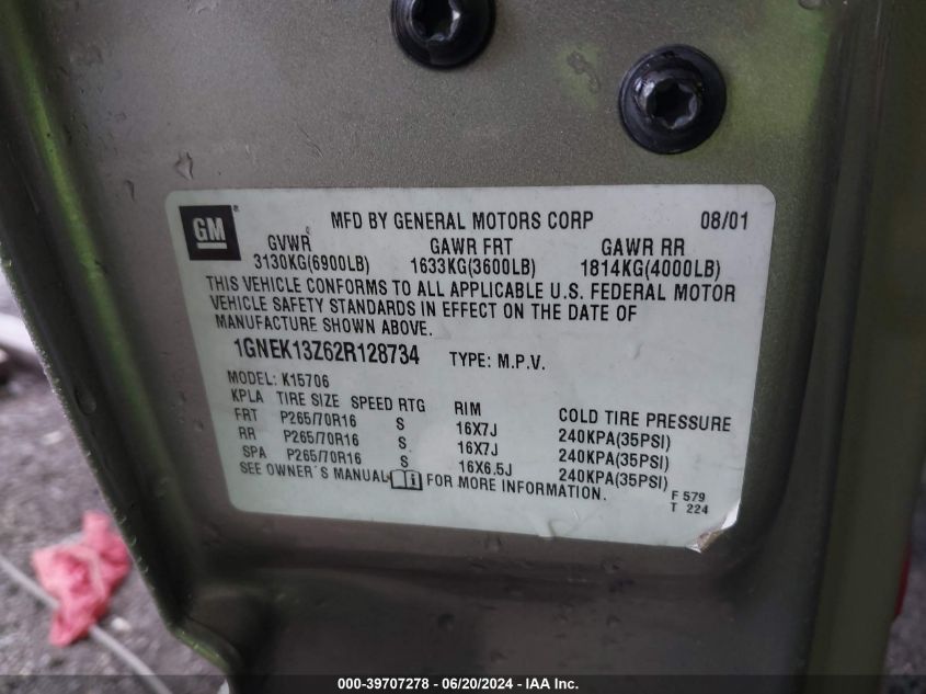 2002 Chevrolet Tahoe Lt VIN: 1GNEK13Z62R128734 Lot: 39707278