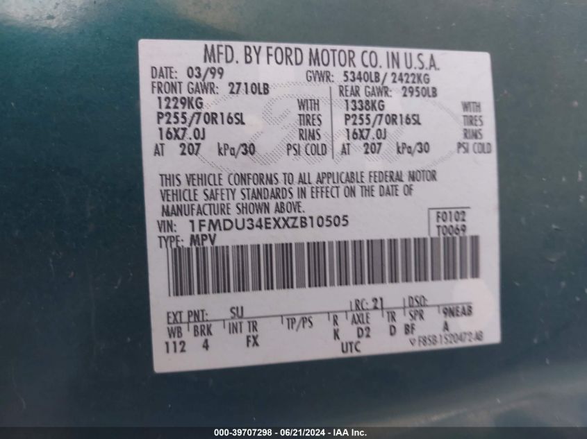 1999 Ford Explorer VIN: 1FMDU34EXXZB10505 Lot: 39707298