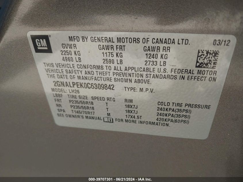 2012 Chevrolet Equinox 2Lt VIN: 2GNALPEK0C6309842 Lot: 39707301