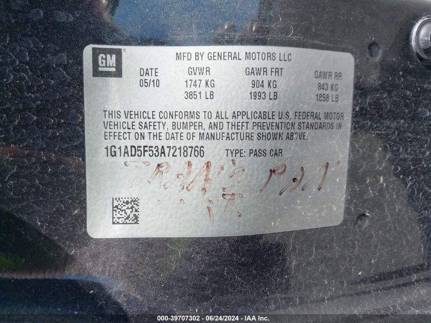 2010 Chevrolet Cobalt Lt VIN: 1G1AD5F53A7218766 Lot: 39707302