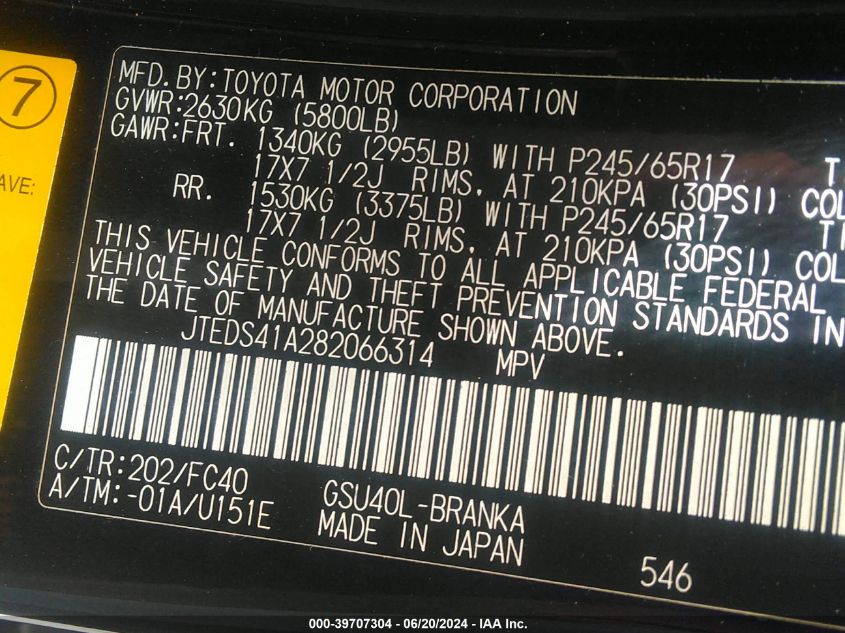 2008 Toyota Highlander VIN: JTEDS41A282066314 Lot: 39707304