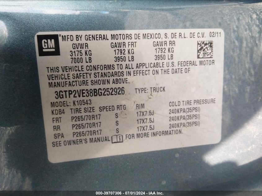 2011 GMC Sierra 1500 Sle VIN: 3GTP2VE38BG252926 Lot: 39707306