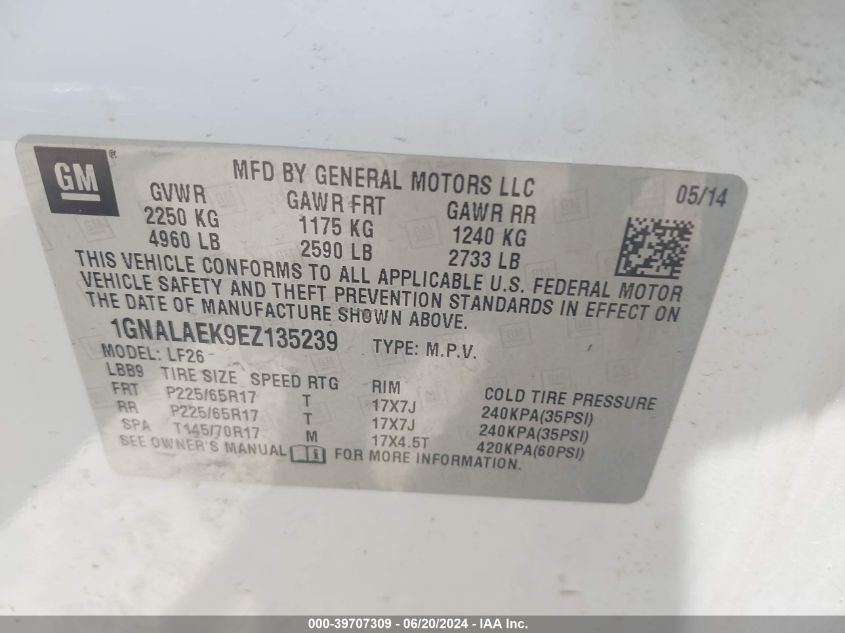 2014 Chevrolet Equinox Ls VIN: 1GNALAEK9EZ135239 Lot: 39707309