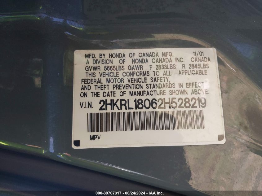 2002 Honda Odyssey Ex-L VIN: 2HKRL18062H528219 Lot: 39707317