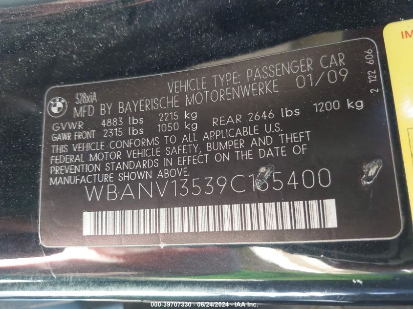 2009 BMW 528I xDrive VIN: WBANV13539C155400 Lot: 39707330