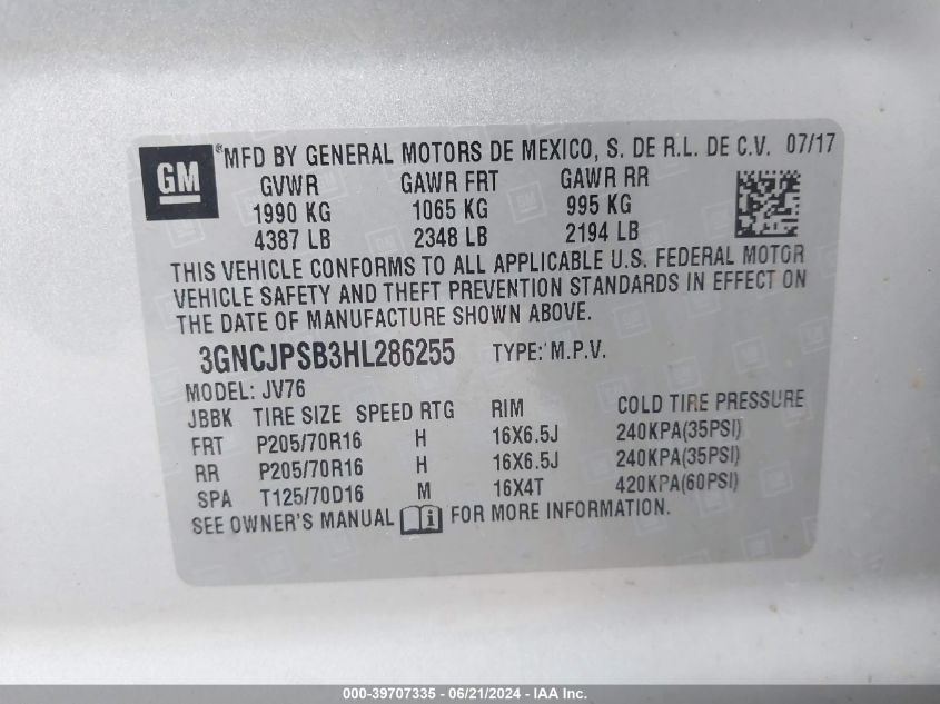 2017 Chevrolet Trax 1Lt VIN: 3GNCJPSB3HL286255 Lot: 39707335