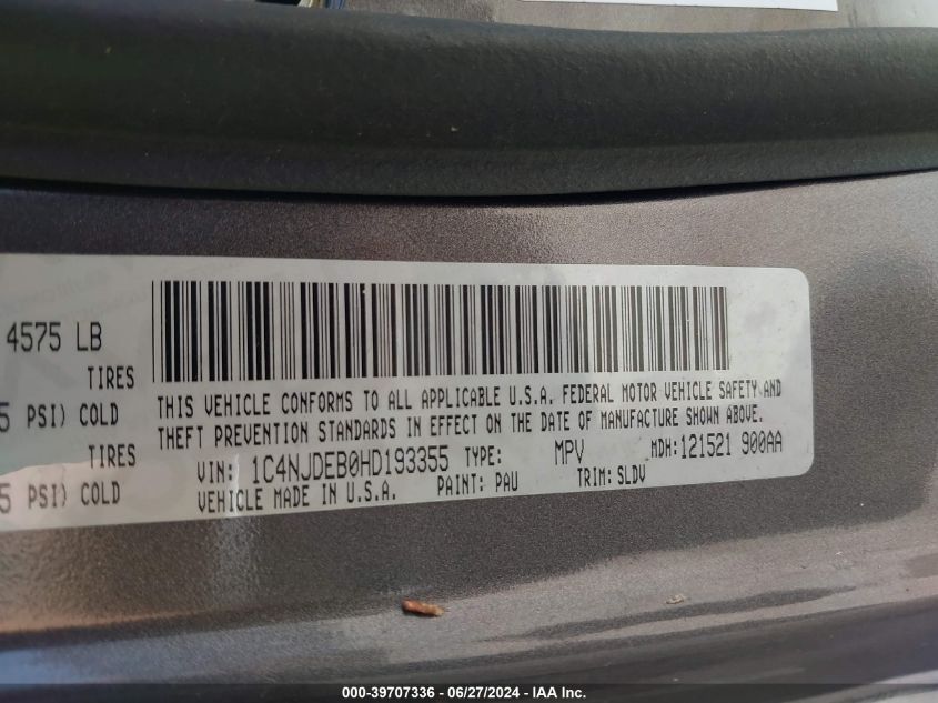 2017 Jeep Compass High Altitude 4X4 VIN: 1C4NJDEB0HD193355 Lot: 39707336