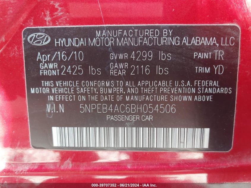 5NPEB4AC6BH054506 2011 Hyundai Sonata Gls