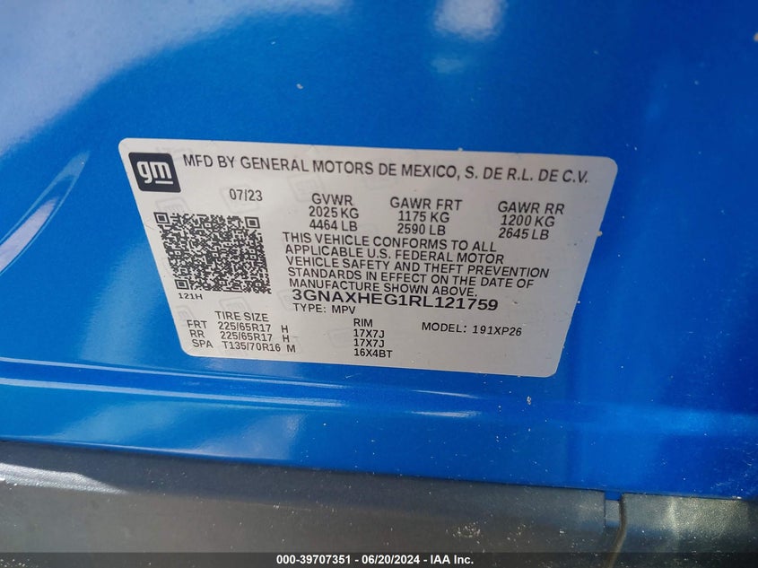 2024 CHEVROLET EQUINOX 1.5L I-4 DI, DOHC, V(VIN: 3GNAXHEG1RL121759
