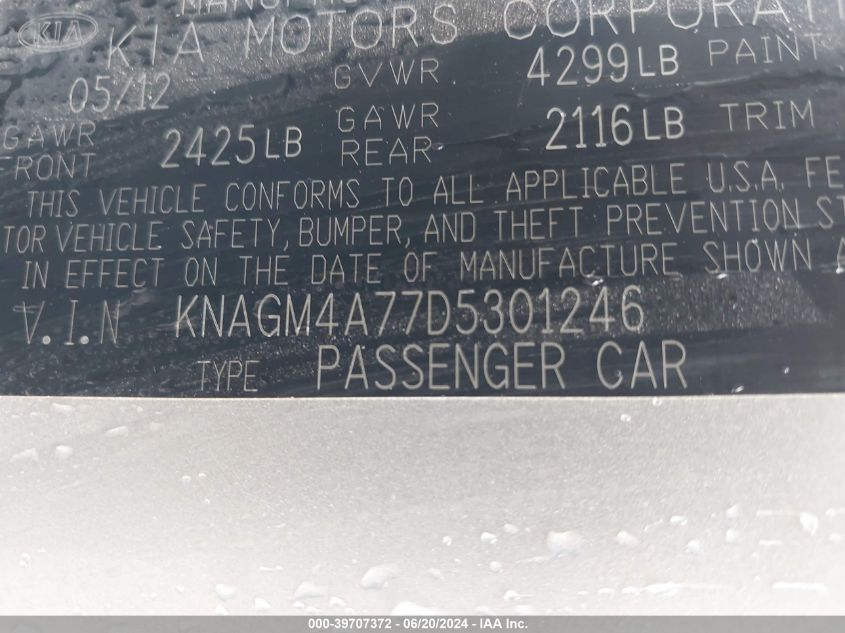 2013 Kia Optima Lx VIN: KNAGM4A77D5301246 Lot: 39707372