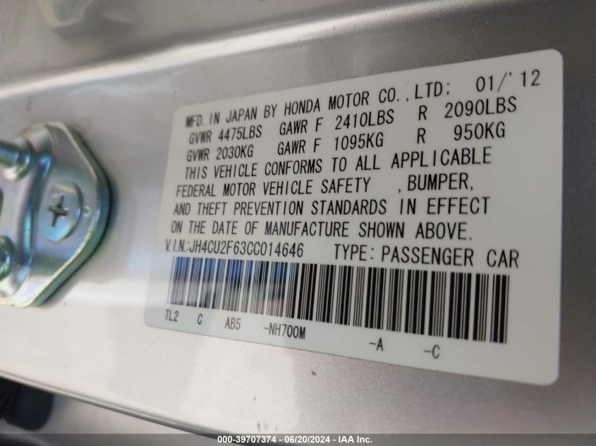 2012 Acura Tsx 2.4 VIN: JH4CU2F63CC014646 Lot: 39707374