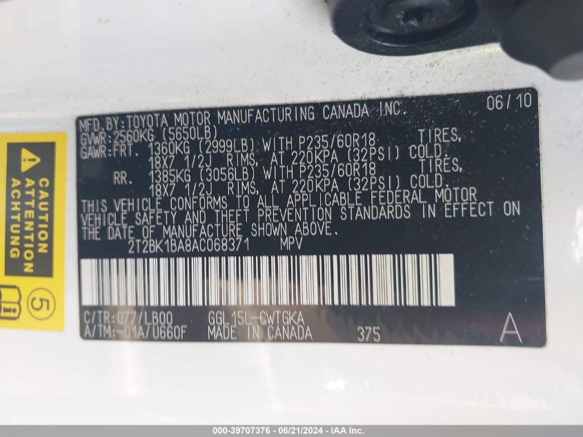 2010 Lexus Rx 350 VIN: 2T2BK1BA8AC068371 Lot: 39707376