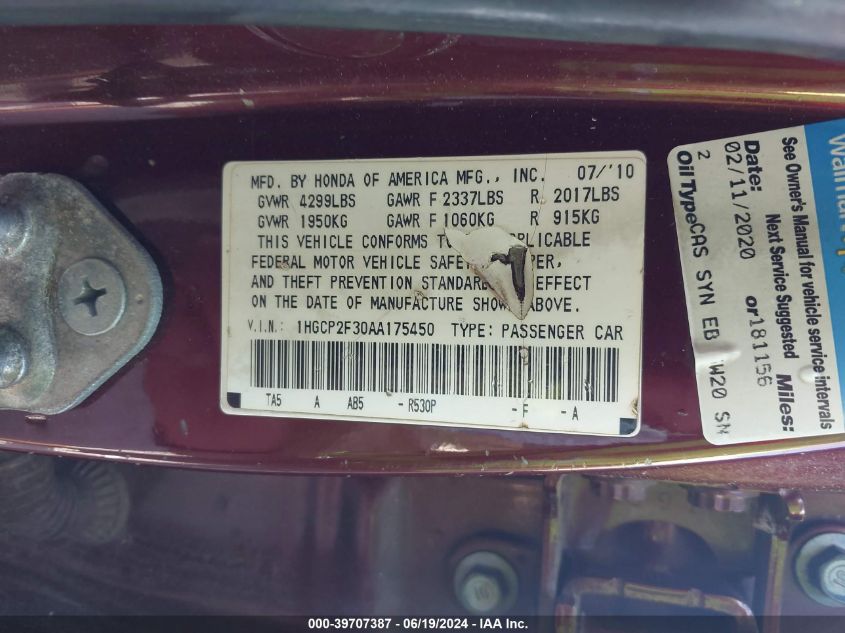 2010 Honda Accord 2.4 Lx VIN: 1HGCP2F30AA175450 Lot: 39707387