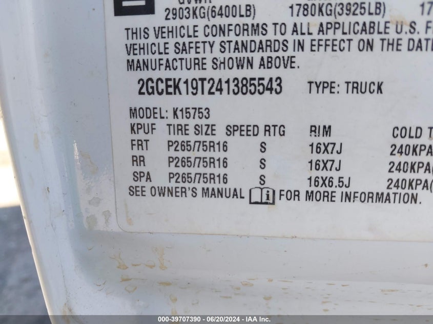 2004 Chevrolet Silverado K1500 VIN: 2GCEK19T241385543 Lot: 39707390