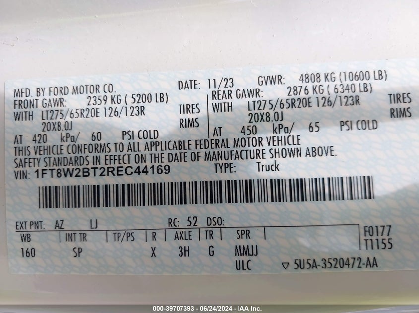 2024 Ford F-250 King Ranch VIN: 1FT8W2BT2REC44169 Lot: 39707393