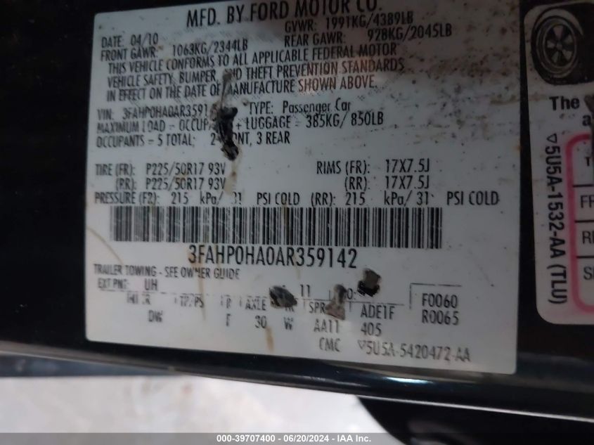 2010 Ford Fusion Se VIN: 3FAHP0HA0AR359142 Lot: 39707400