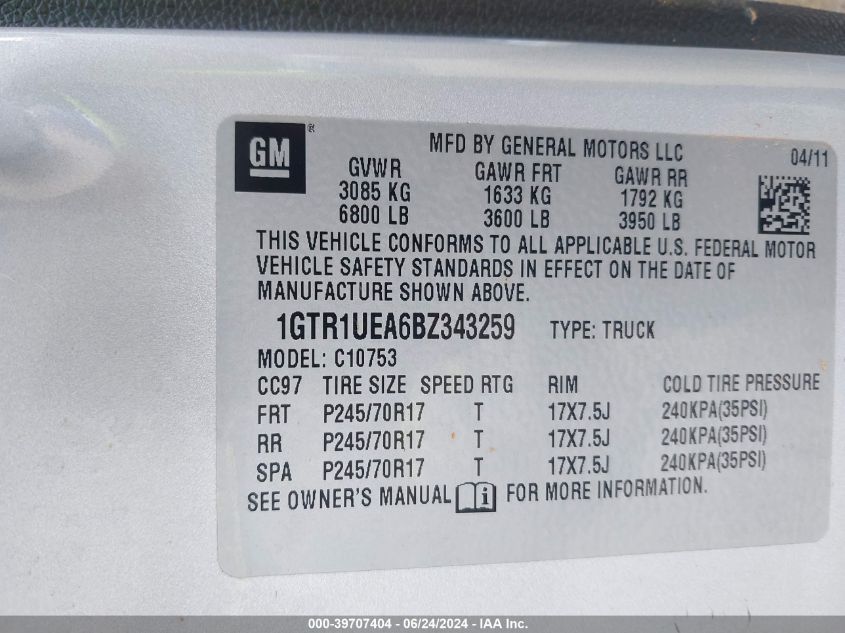 2011 GMC Sierra 1500 Sl VIN: 1GTR1UEA6BZ343259 Lot: 39707404