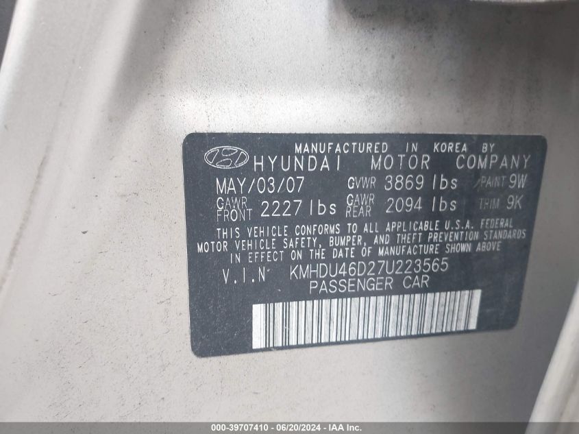 KMHDU46D27U223565 | 2007 HYUNDAI ELANTRA