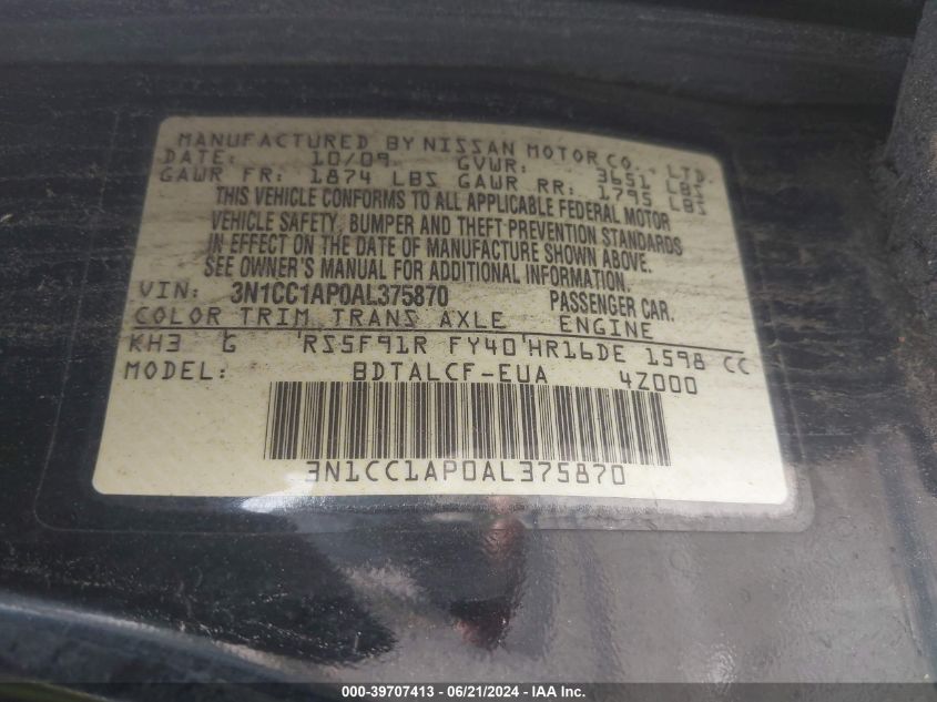 2010 Nissan Versa S/Sl VIN: 3N1CC1AP0AL375870 Lot: 39707413