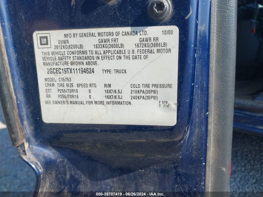 2001 Chevrolet Silverado 1500 Ls VIN: 2GCEC19TX11194624 Lot: 39707419