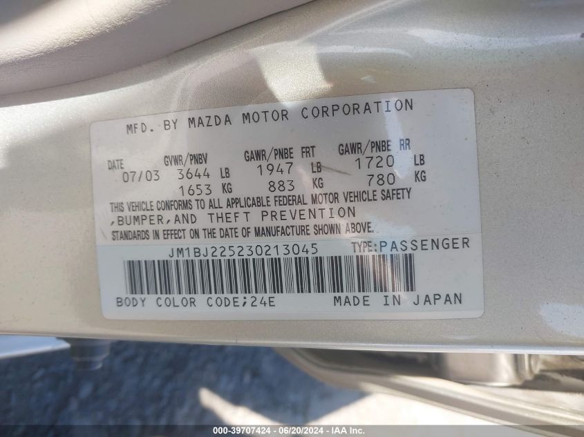 2003 Mazda Protege Dx/Es/Lx VIN: JM1BJ225230213045 Lot: 39707424