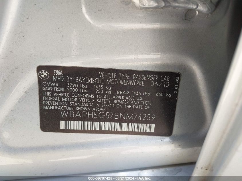 2011 BMW 328I VIN: WBAPH5G57BNM74259 Lot: 39707425