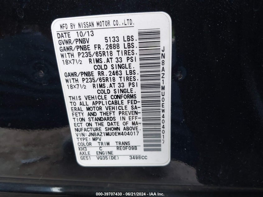 2014 Nissan Murano S/Sl/Sv/Le VIN: JN8AZ1MU0EW404017 Lot: 39707430