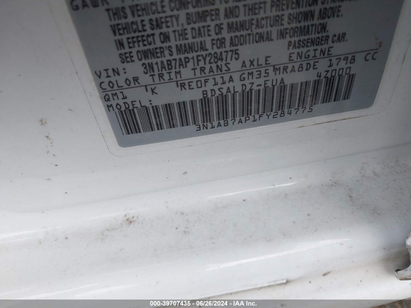 2015 Nissan Sentra S/Sv/Sr/Sl VIN: 3N1AB7AP1FY284775 Lot: 39707435