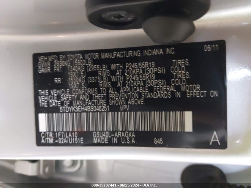 2011 Toyota Highlander Limited VIN: 5TDYK3EH4BS046251 Lot: 39707441