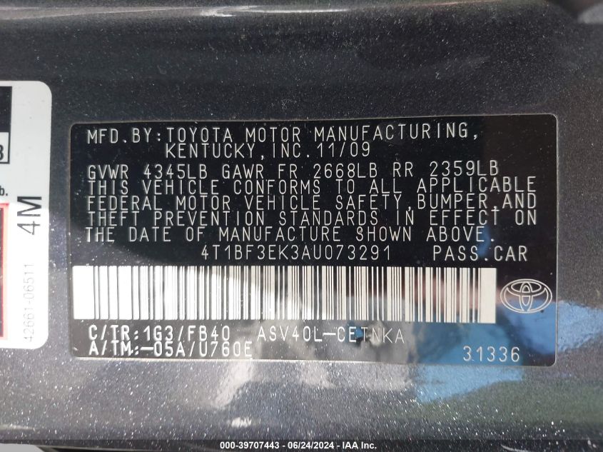 2010 Toyota Camry Le VIN: 4T1BF3EK3AU073291 Lot: 39707443