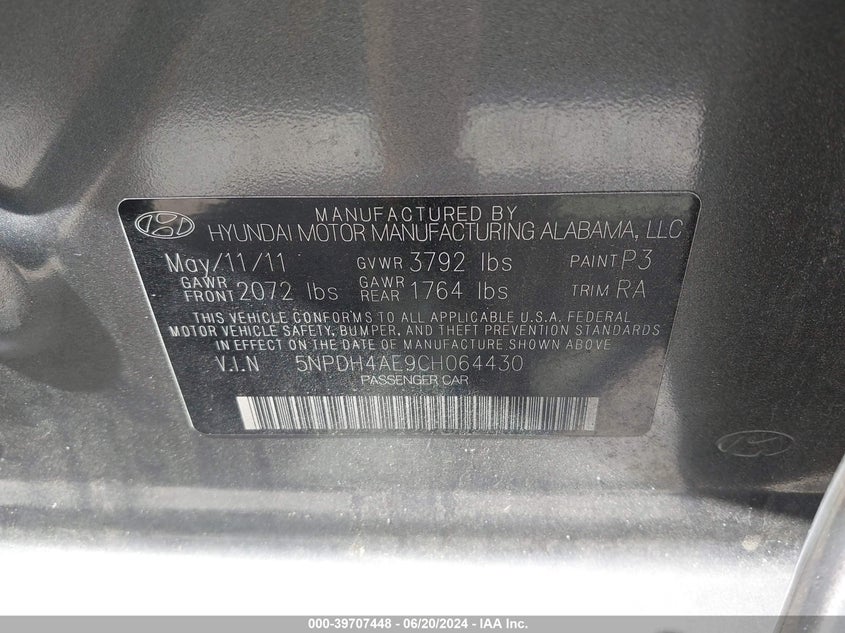 2012 Hyundai Elantra Gls VIN: 5NPDH4AE9CH064430 Lot: 39707448