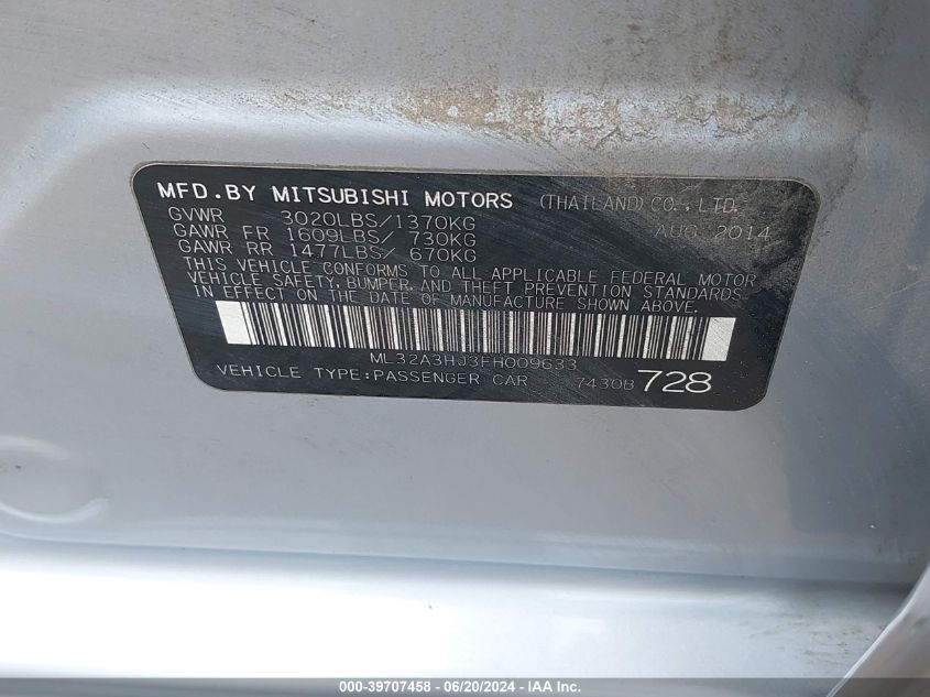 ML32A3HJ3FH009633 2015 Mitsubishi Mirage De