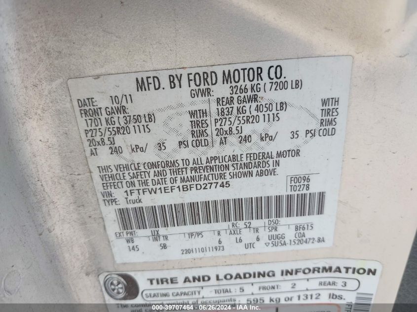 2011 Ford F-150 Fx4 VIN: 1FTFW1EF1BFD27745 Lot: 39707464
