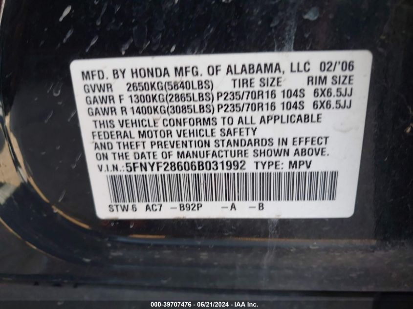 2006 Honda Pilot Ex VIN: 5FNYF28606B031992 Lot: 39707476