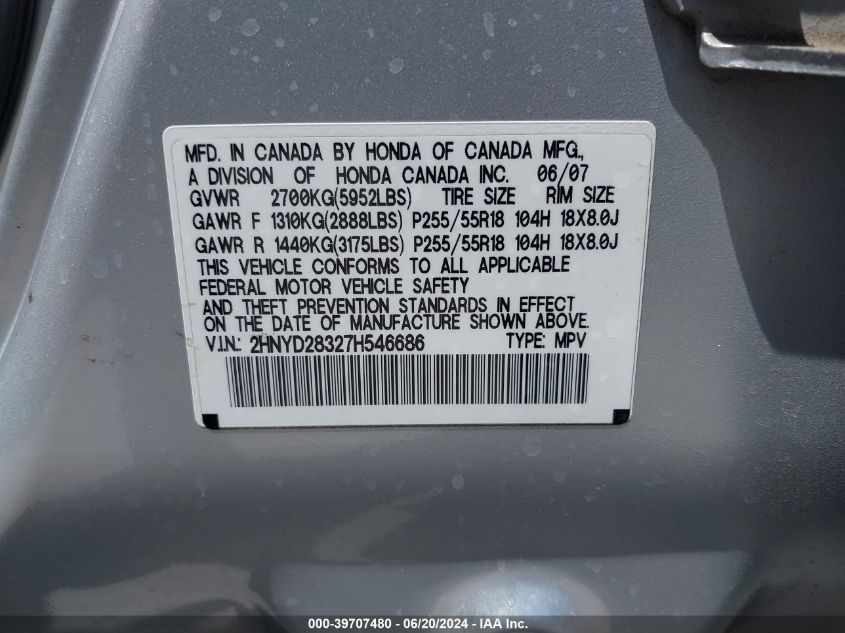 2007 Acura Mdx Technology Package VIN: 2HNYD28327H546686 Lot: 39707480
