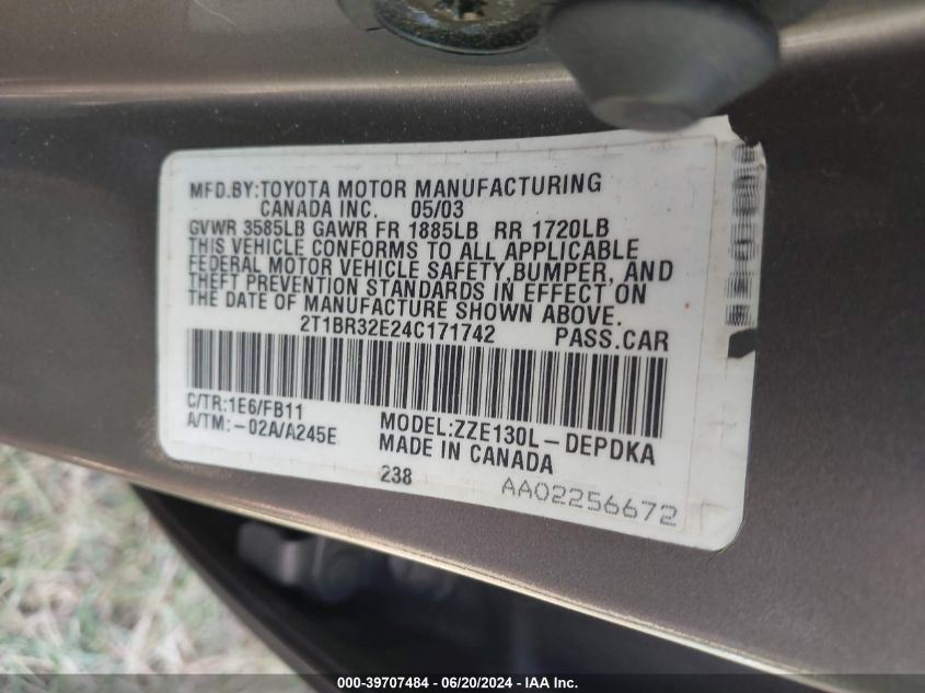 2004 Toyota Corolla Ce VIN: 2T1BR32E24C171742 Lot: 39707484