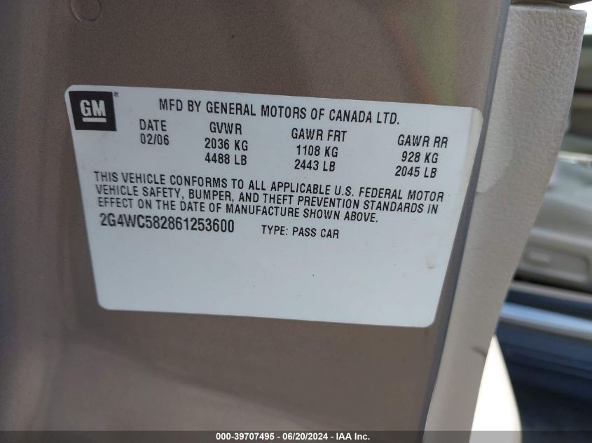 2006 Buick Lacrosse Cx VIN: 2G4WC582861253600 Lot: 39707495