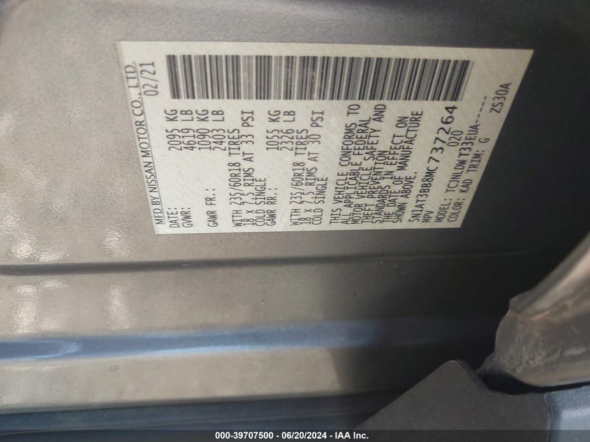 2021 NISSAN ROGUE 2.5L I-4 DI, DOHC, V(VIN: 5N1AT3BB8MC737264