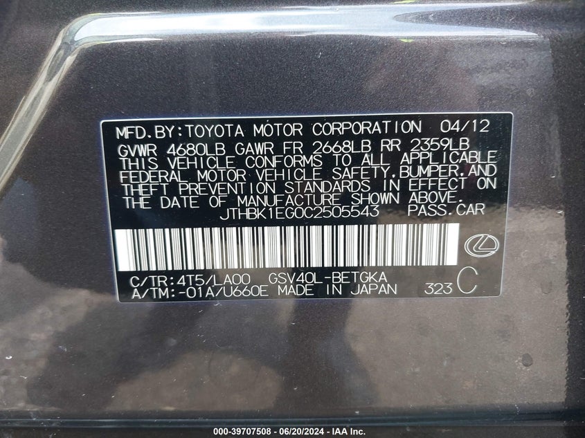 2012 Lexus Es 350 VIN: JTHBK1EG0C2505543 Lot: 39707508